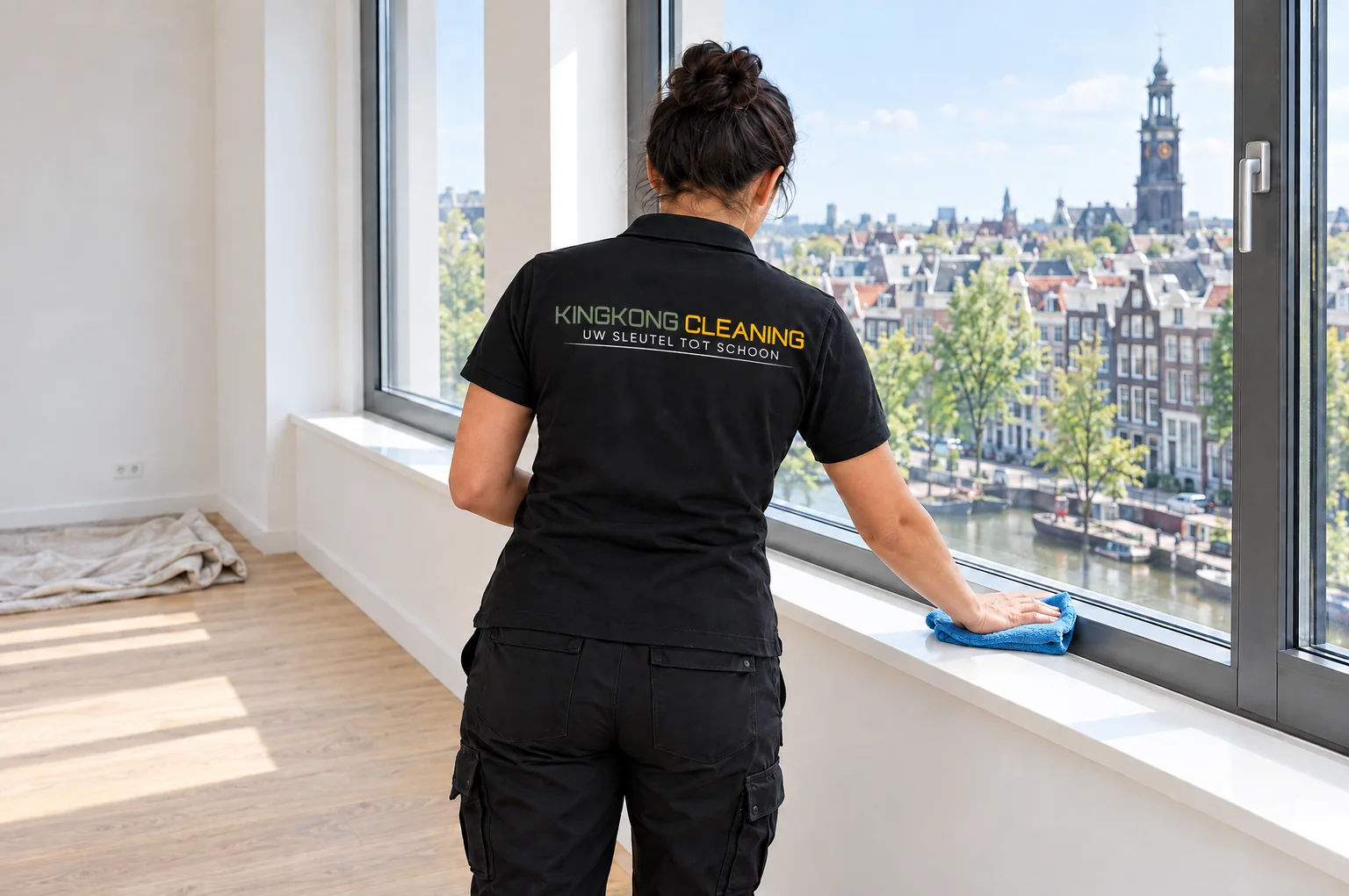 Medewerker van Kingkong Cleaning maakt de vensterbank van een pas opgeleverde woning schoon