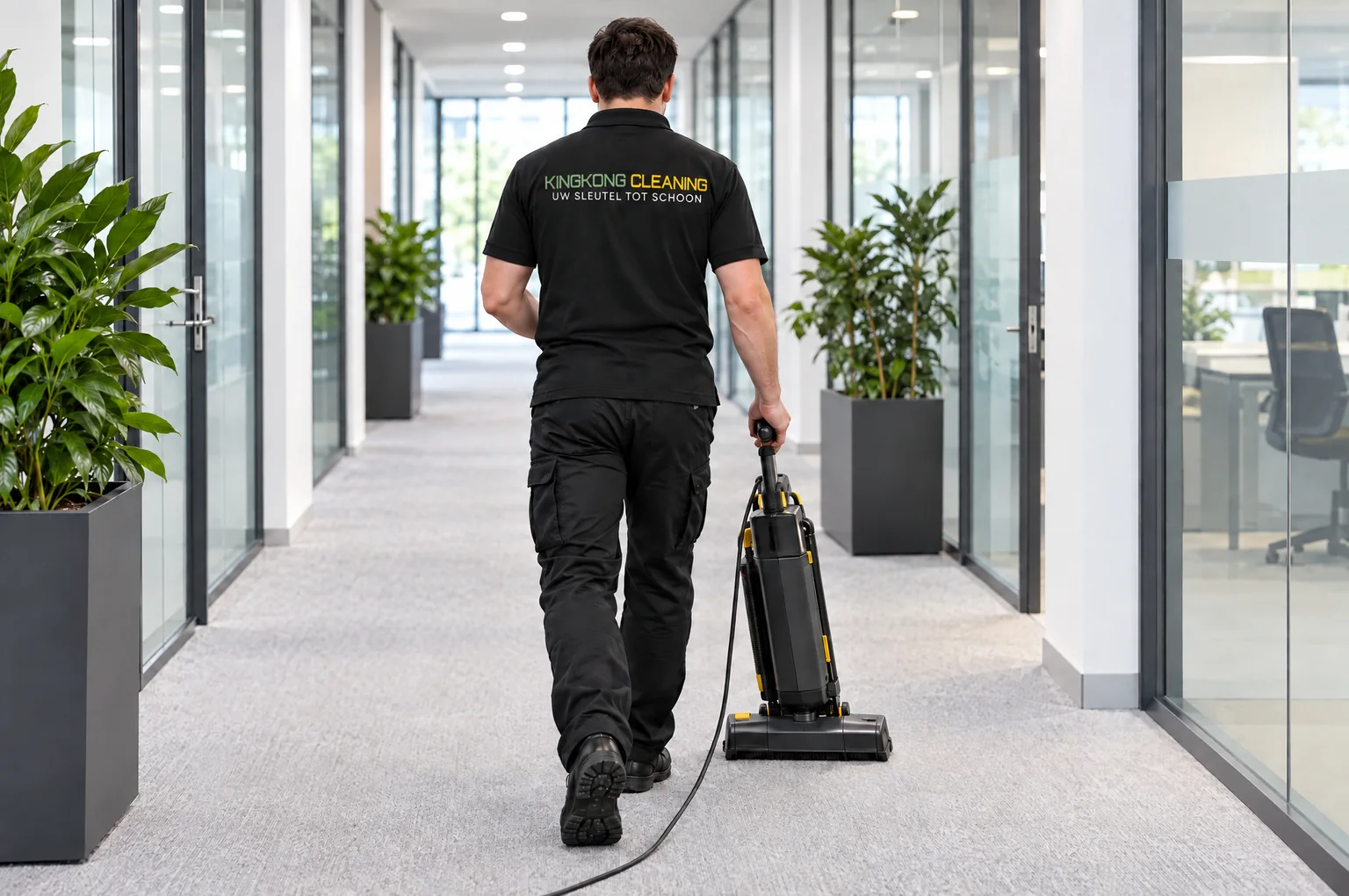 Medewerker van Kingkong Cleaning stofzuigt een kantoorgang
