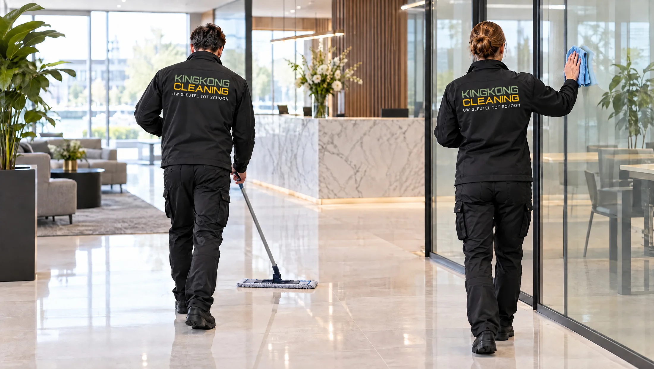 Twee schoonmakers van Kingkong Cleaning reinigen de vloer en de glaswanden van een kantoorlobby