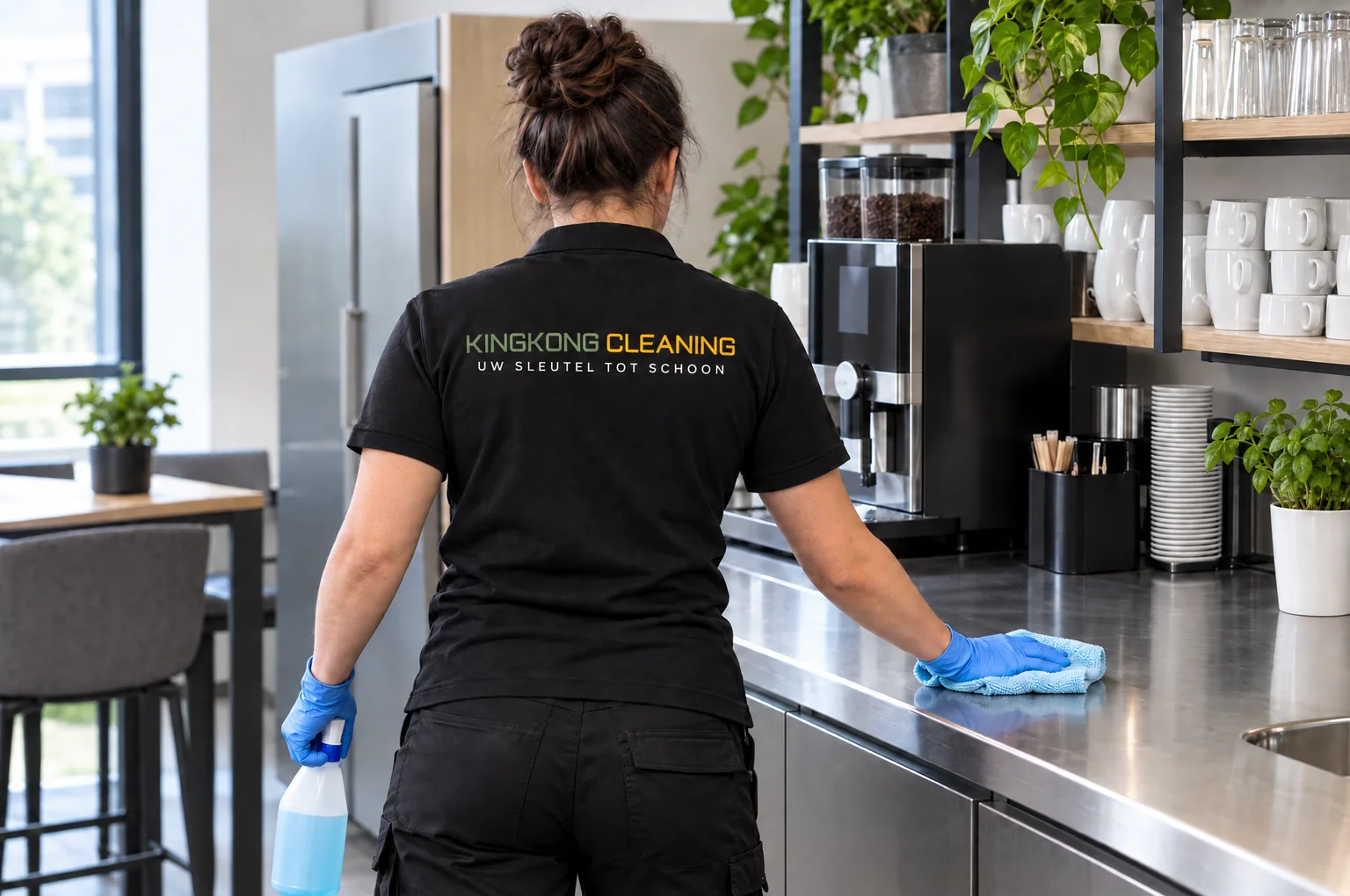 Medewerker van Kingkong Cleaning maakt een kantoorpantry schoon